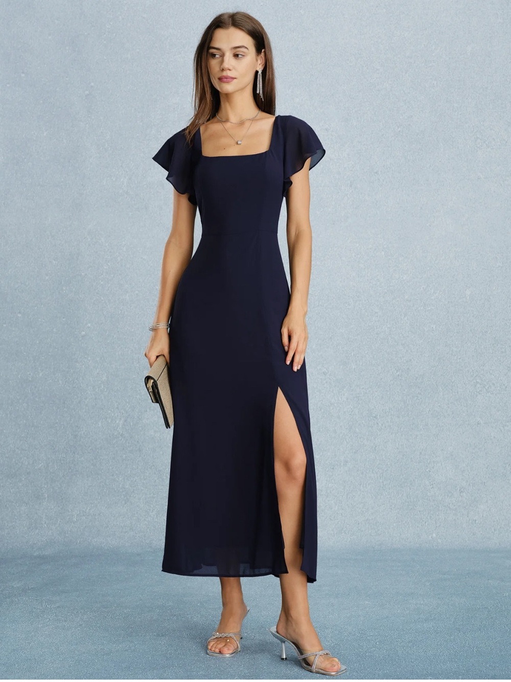 Square neck midi dress navy chiffon